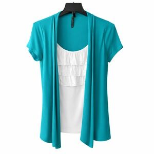 Allie & Rob 2-In-1 Layered Ruffle Top XL Teal White Short Sleeve Bling Light